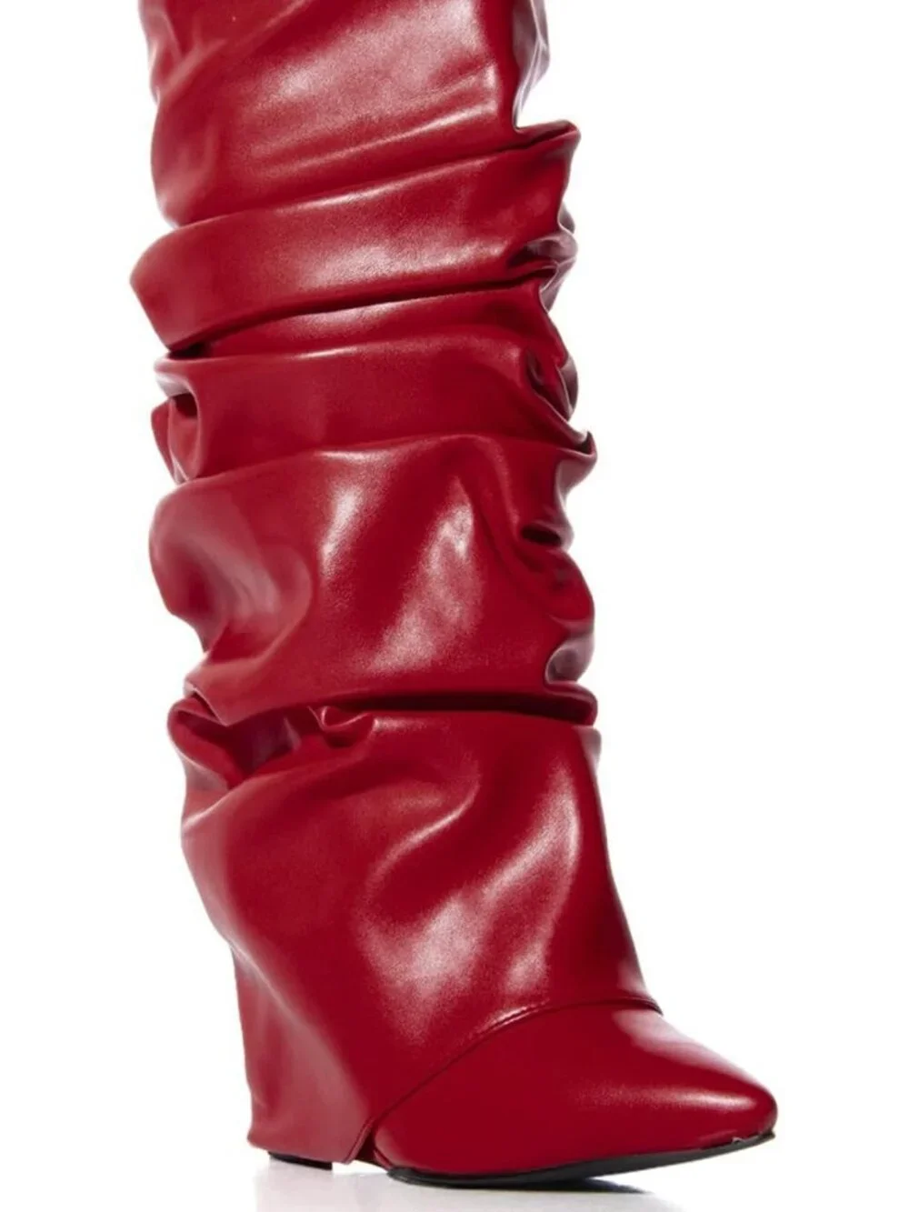 Women's Burgundy Heel Wide Calf Pointed Toe Slouched Fold Over Knee High Boots